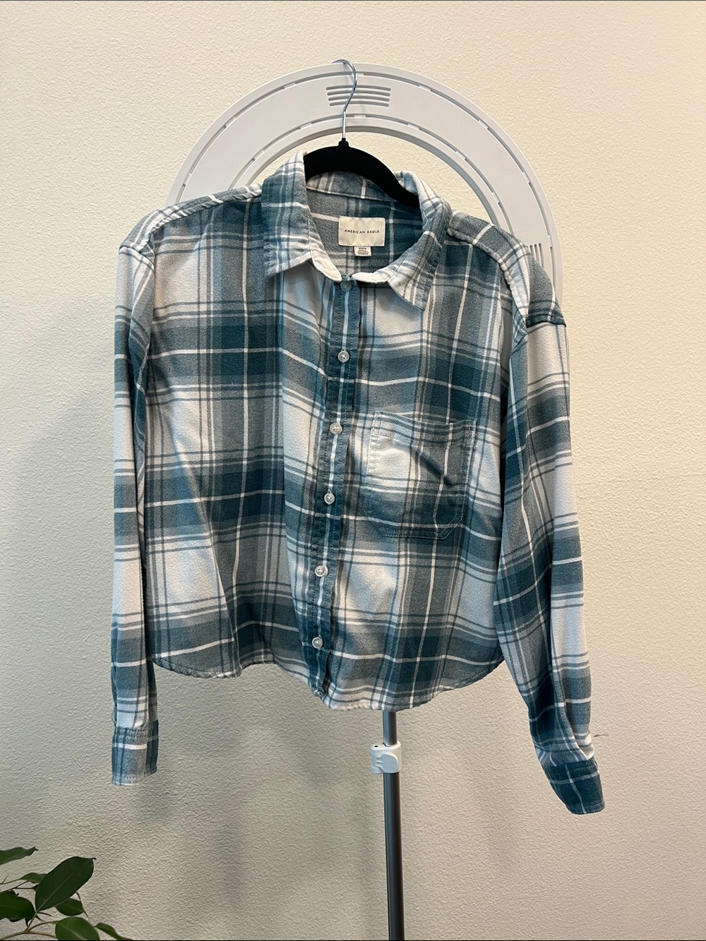 American eagle Greenish/blueish and White Plaid cropped flannel